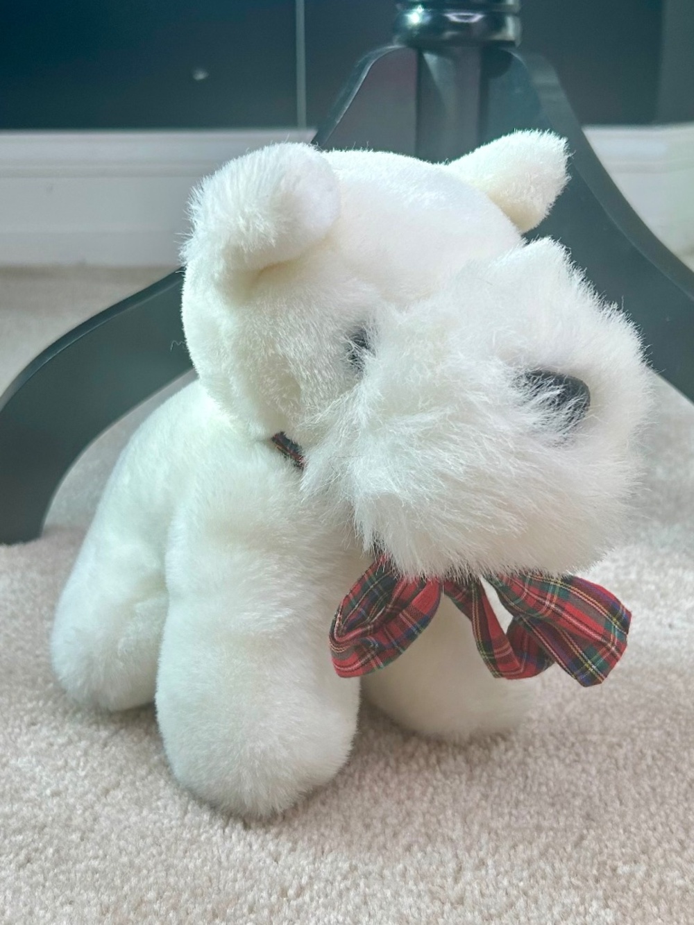 NWT Vintage White Stuffed Scottie Dog with Red and Green Plaid Bow